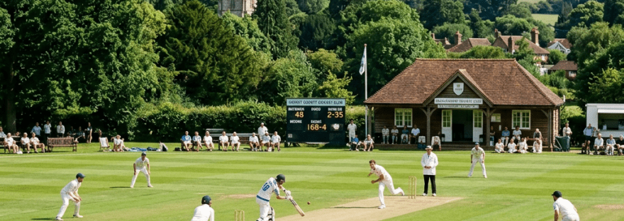 Cricket players in white uniforms on a green field with spectators and a village backdrop
